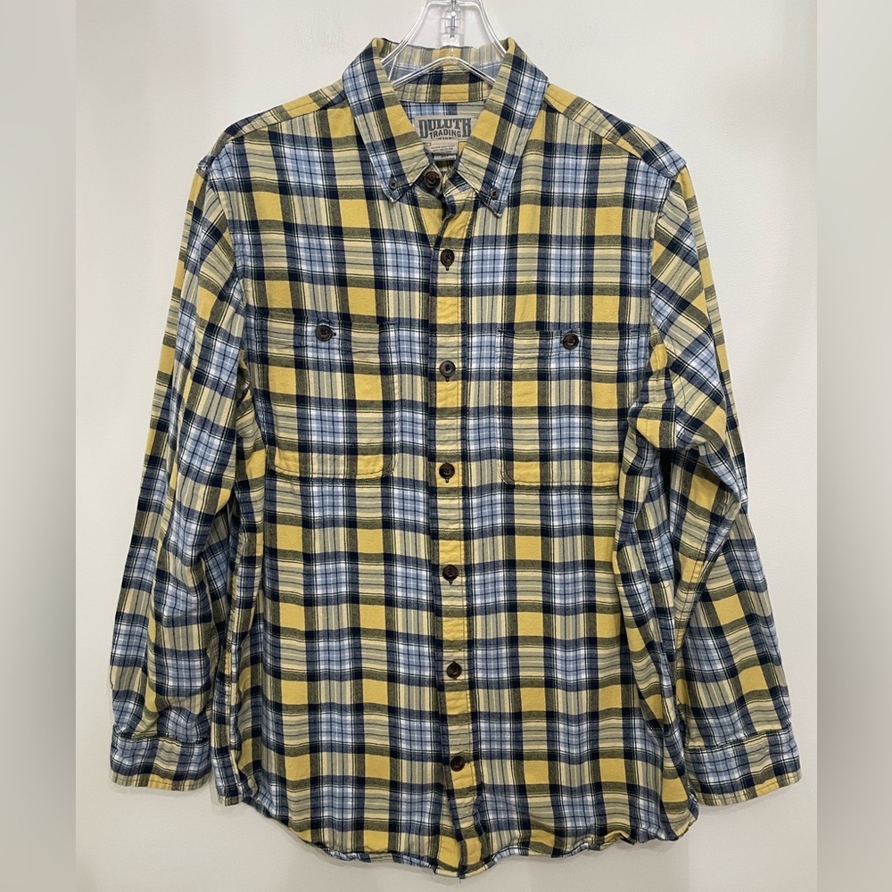 Duluth Trading Flannel Shirt Men's Sz L Trim Fit Yellow Navy Plaid Long Sleeve